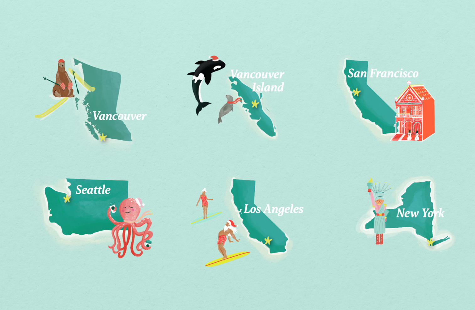 Six location and their unique designs chosen for the Hemlock Printers Christmas Wrapping paper. Vancouver, Vancouver Island, San Francisco, Seattle, Los Angels and New York.