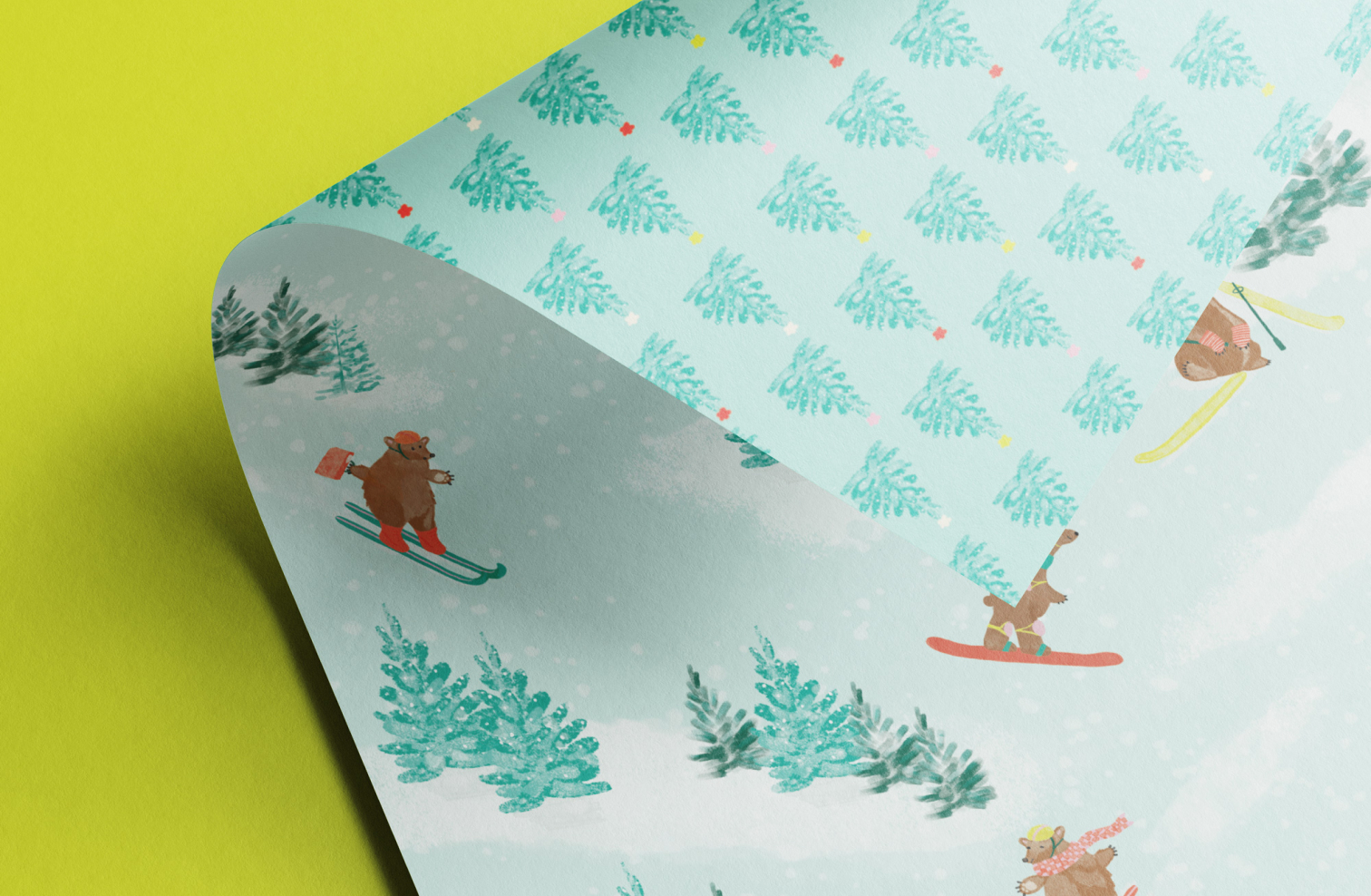 Hemlock Printers Christmas Wrapping paper design featuring bears skiing down a slope.