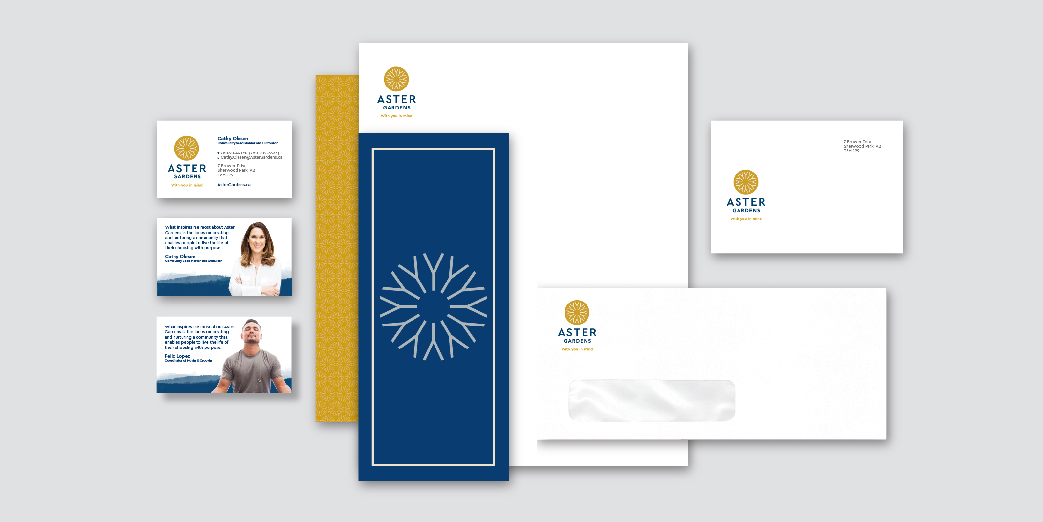 Aster Gardens stationery set. Business cards, envelope and letterhead