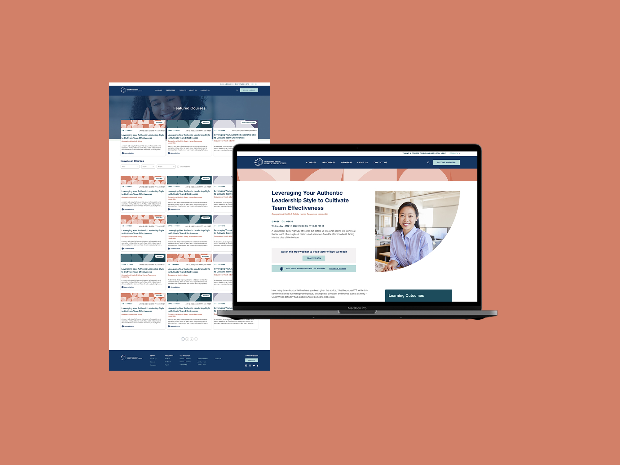 Example of Work Wellness Institutes' course listing page and individual course page