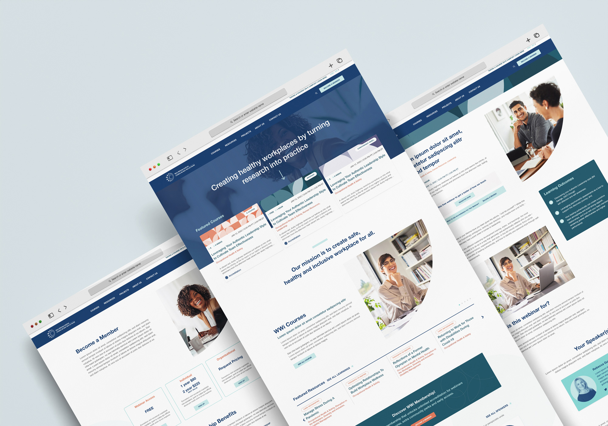 An example of the Work Wellness home, course and membership pages.