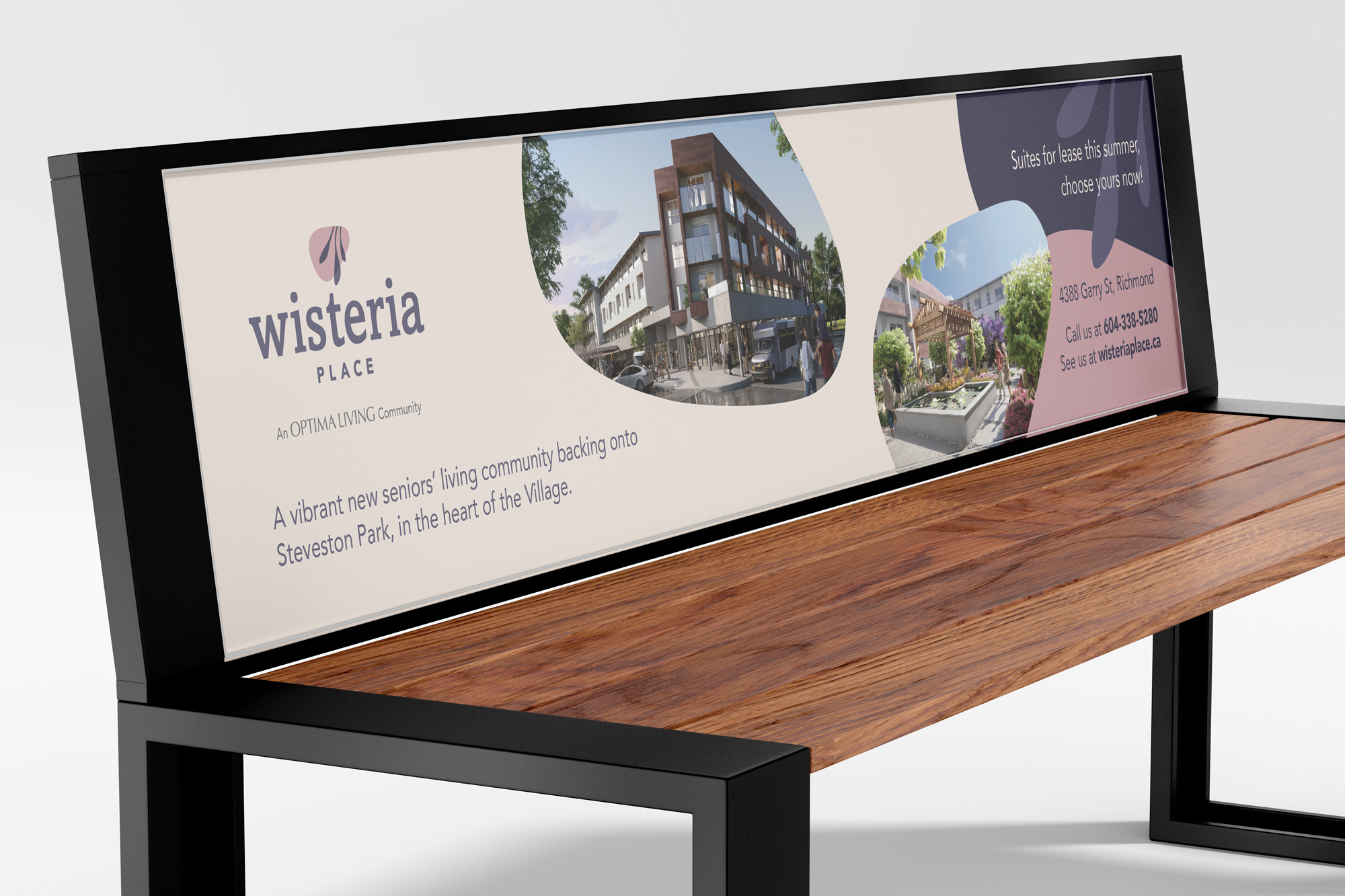 Wisteria Place Advertisement on bus stop bench