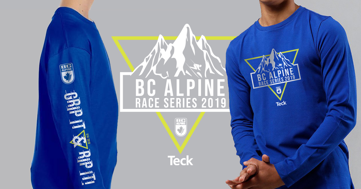 Teenage boy wearing logo sleeve blue T-shirt, with the Teck BC alpine mountain graphic