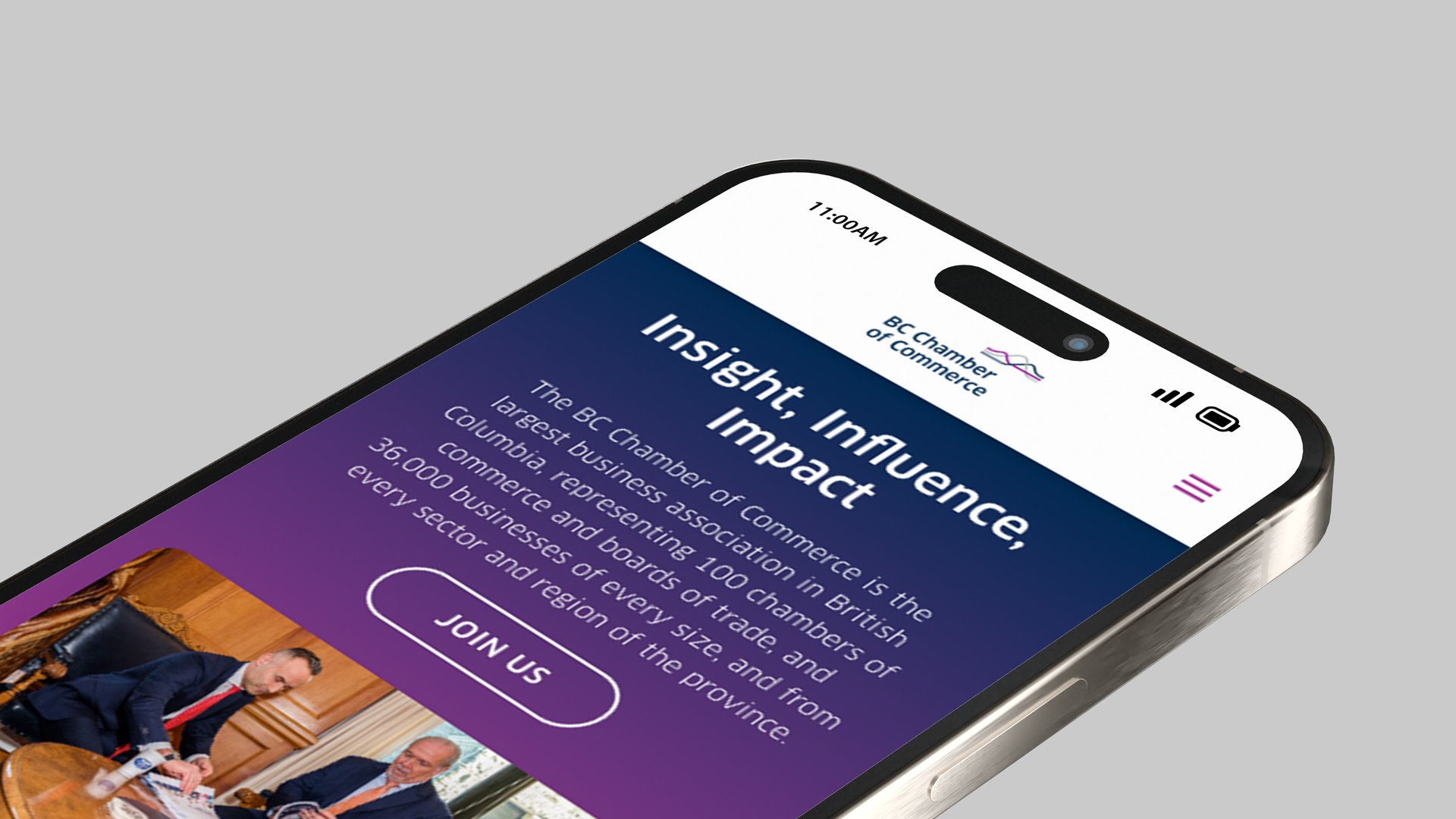 Close up of British Columbia Chamber of Commerce Website opened on a Mobile