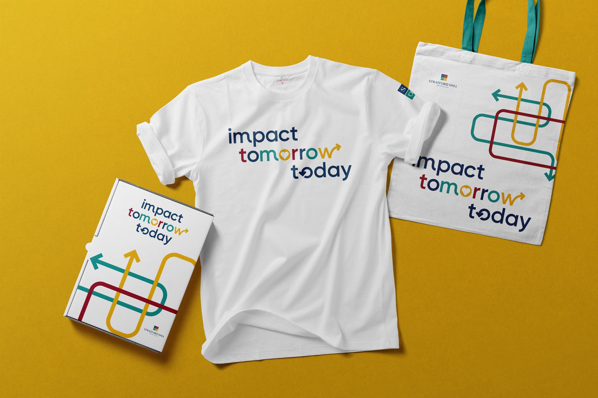 Impact Tomorrow Today packaging box, t-shirt and bag merchandise