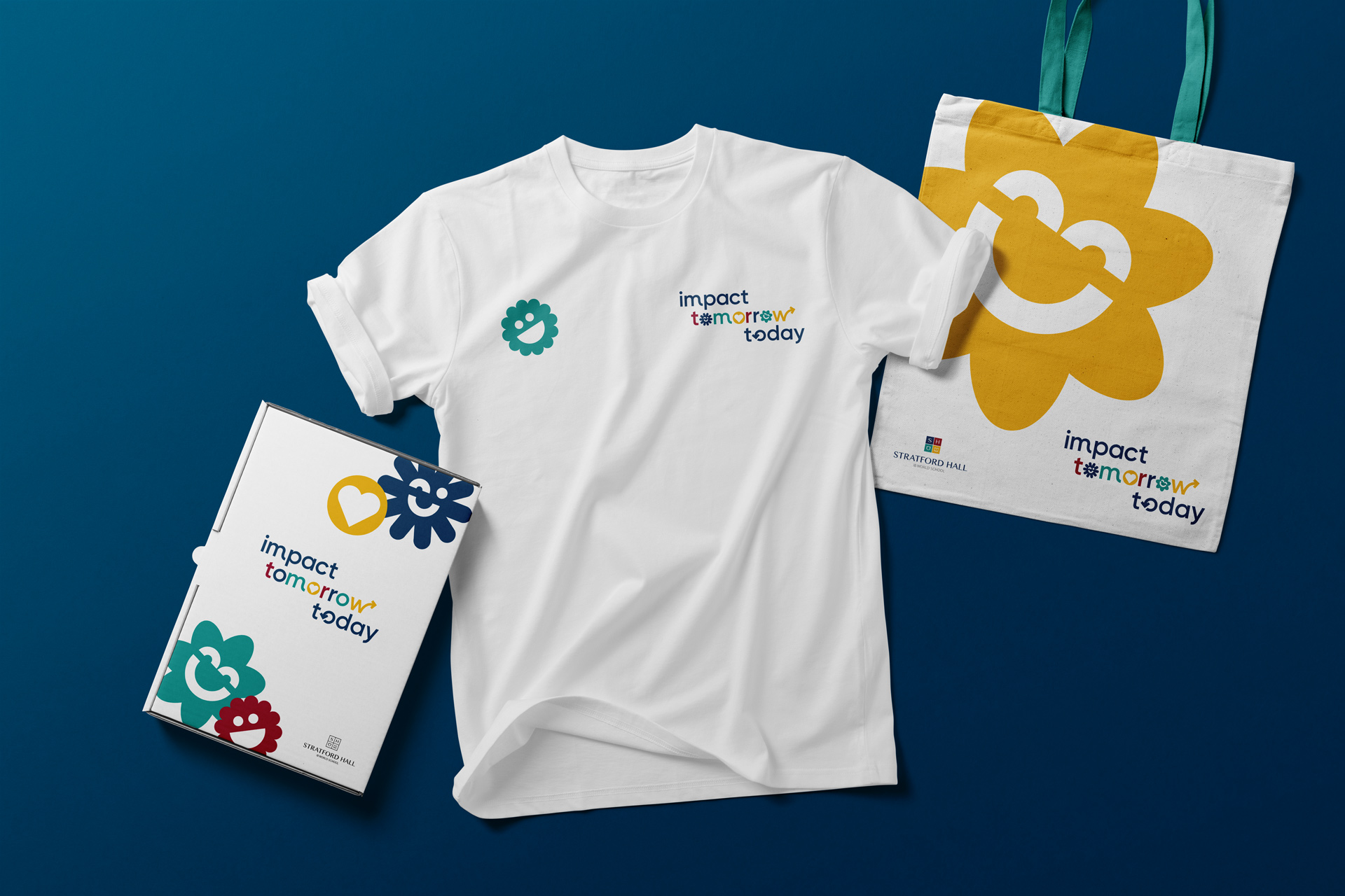 Impact Tomorrow Today packaging box, t-shirt and bag merchandise