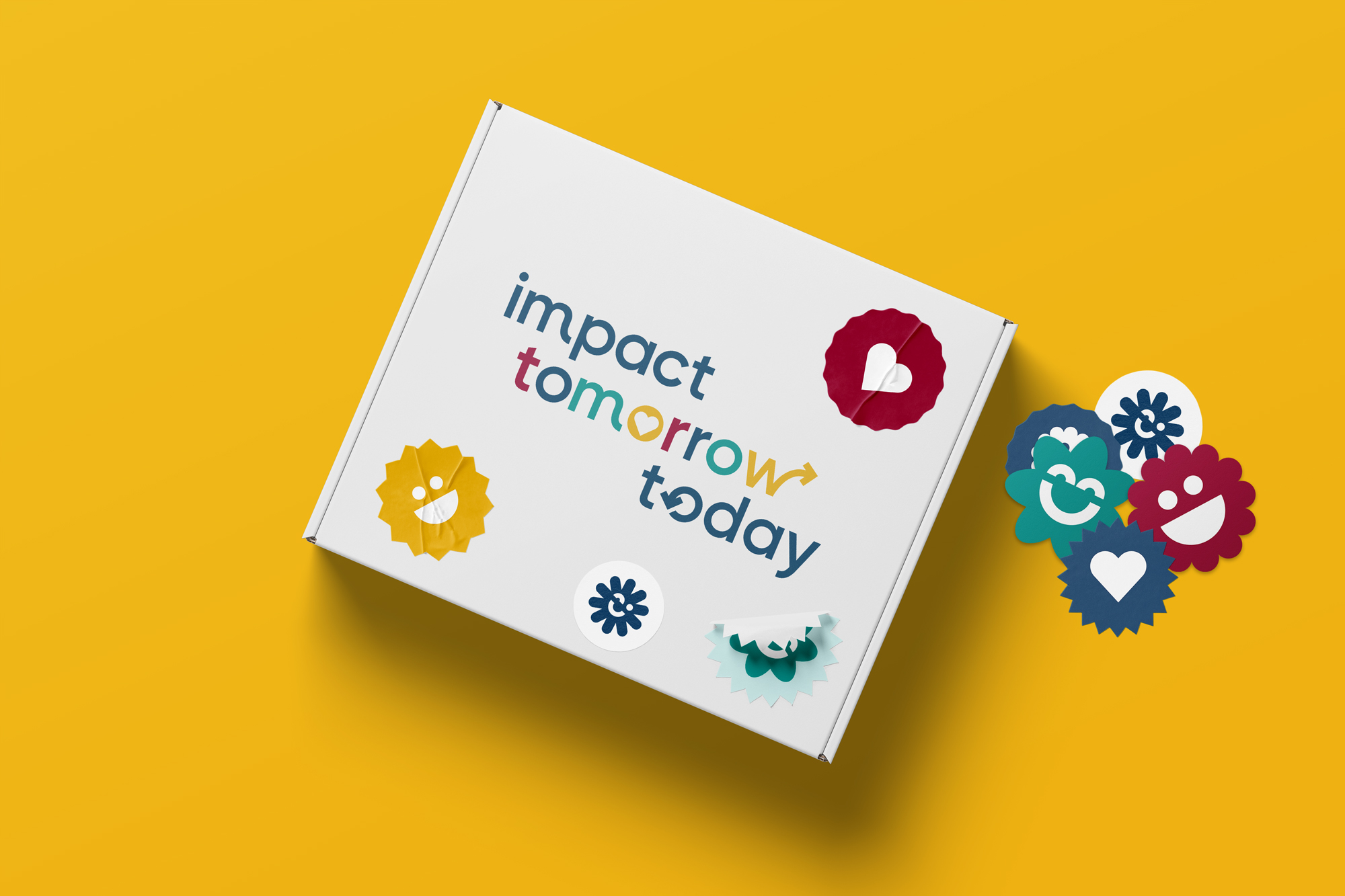 A packaging box with Impact tomorrow today logo on it with mascot stickers