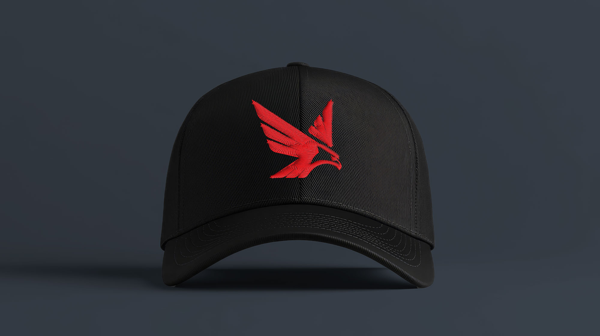 Black cap with a red eagle logo, part of the Maverick Marine Services brand mockup