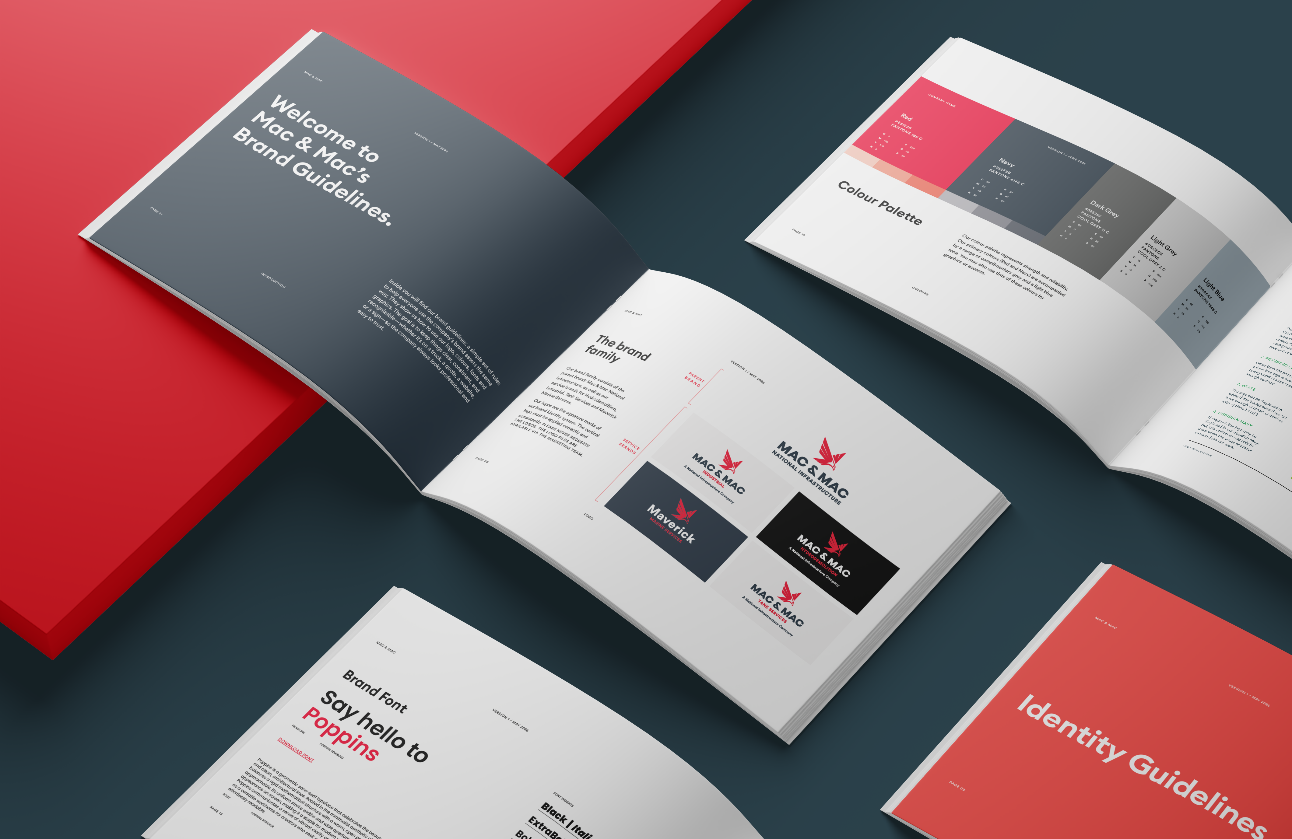Mac & Mac brand guidelines booklet open to logo variations and colour palette