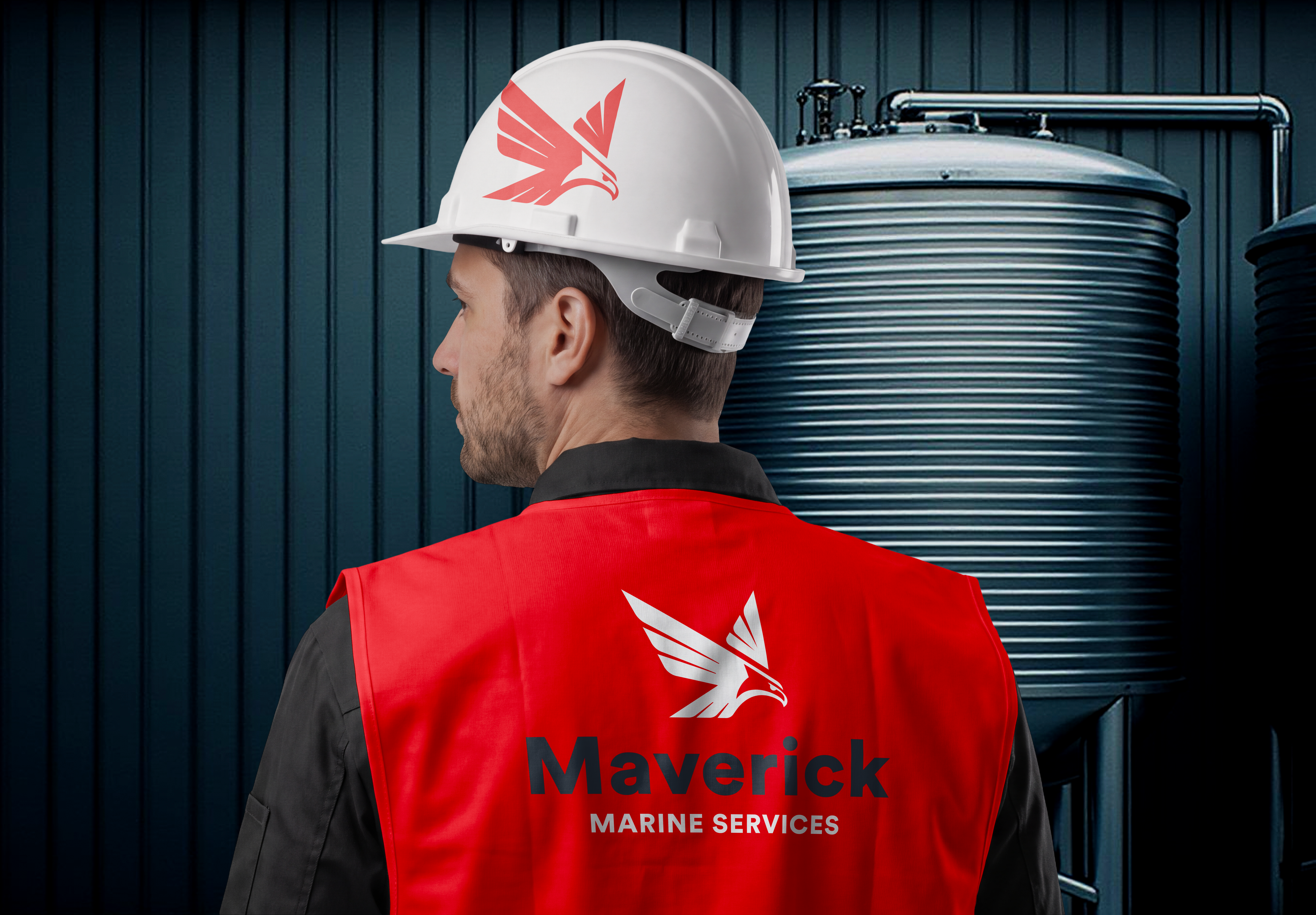 Worker in a red safety vest and white hard hat, both showing the Maverick Marine Services eagle logo
