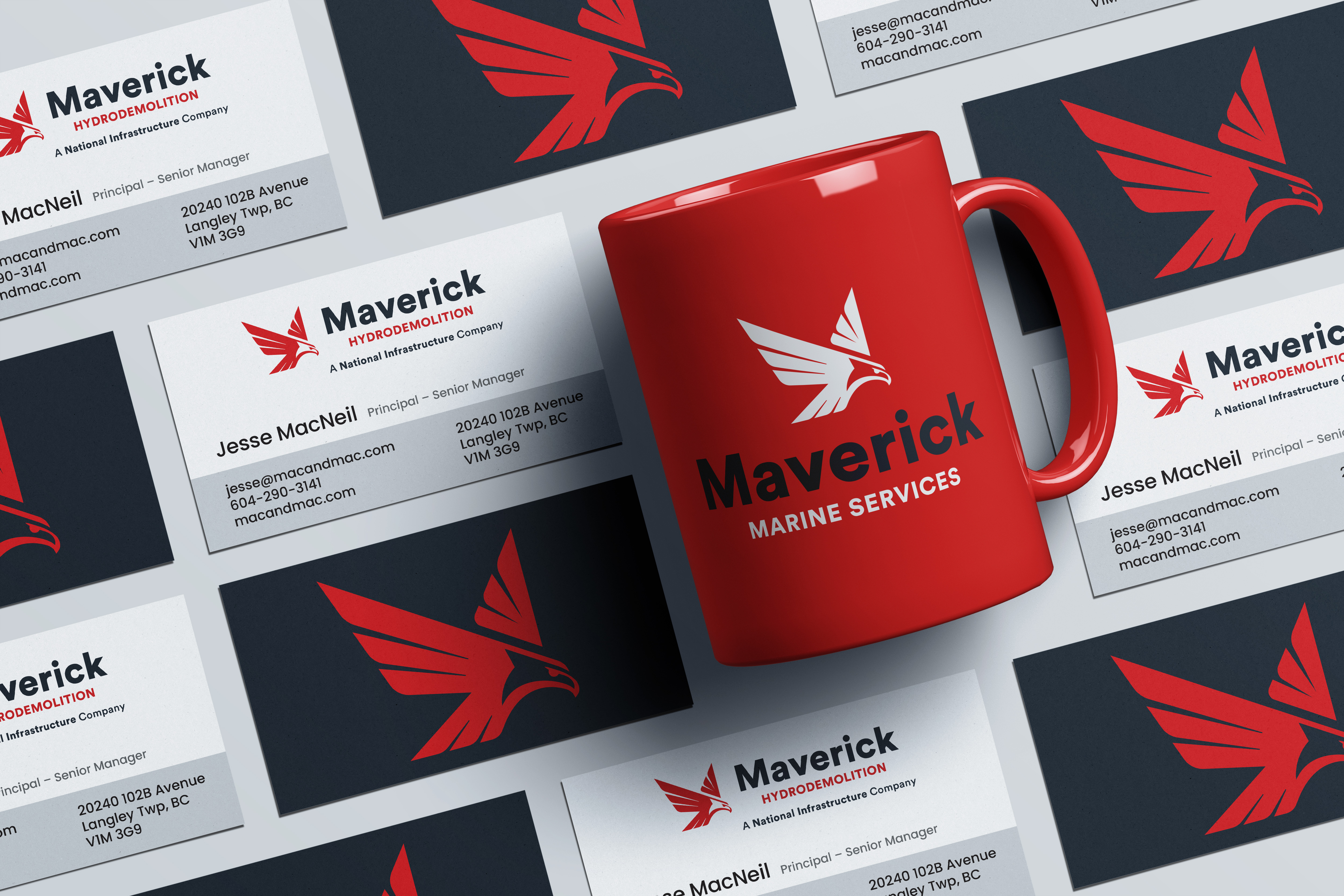 Red mug and business cards showing the Maverick Marine Services eagle logo