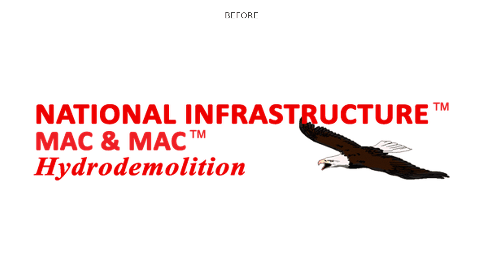 Mac & Mac logo before and after the rebrand, from a red wordmark with a realistic eagle to a bold red eagle mark
